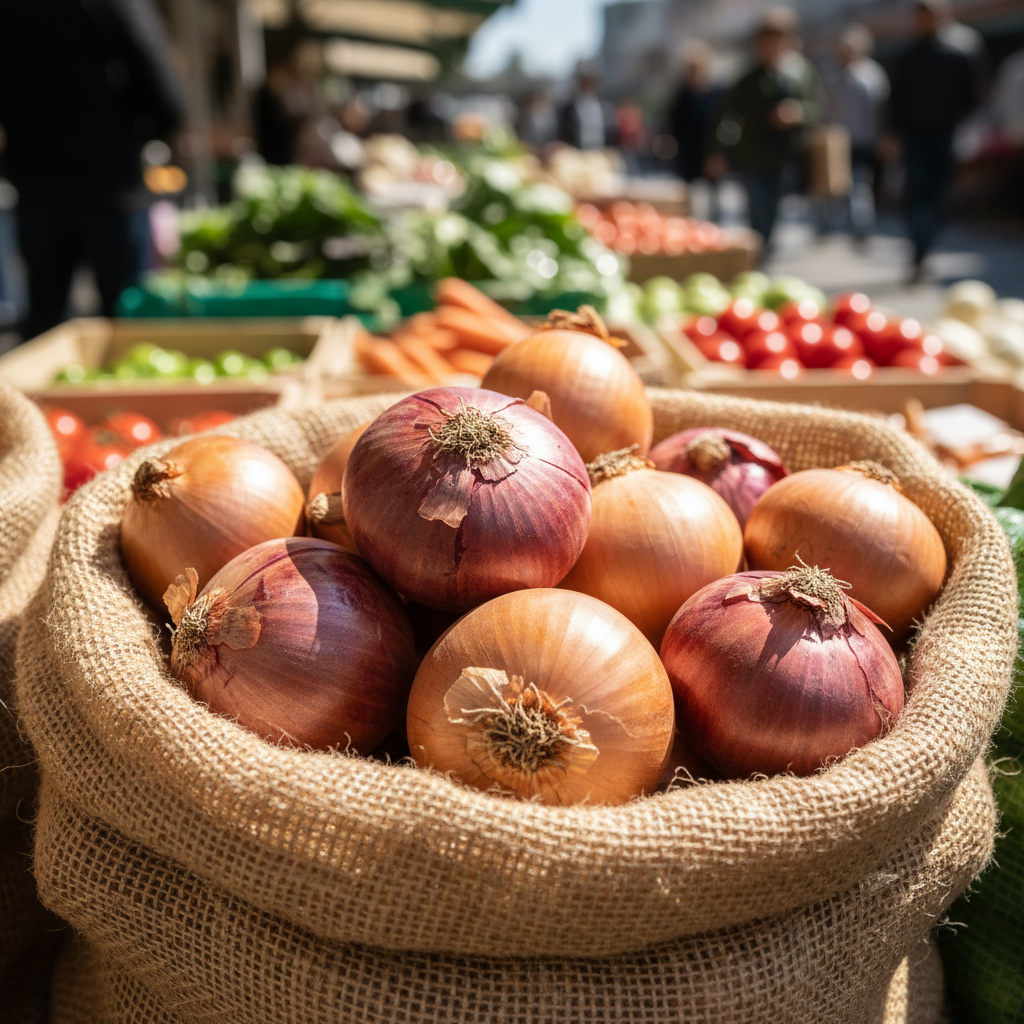Fresh brown onions piled together in natural daylight market stall setting