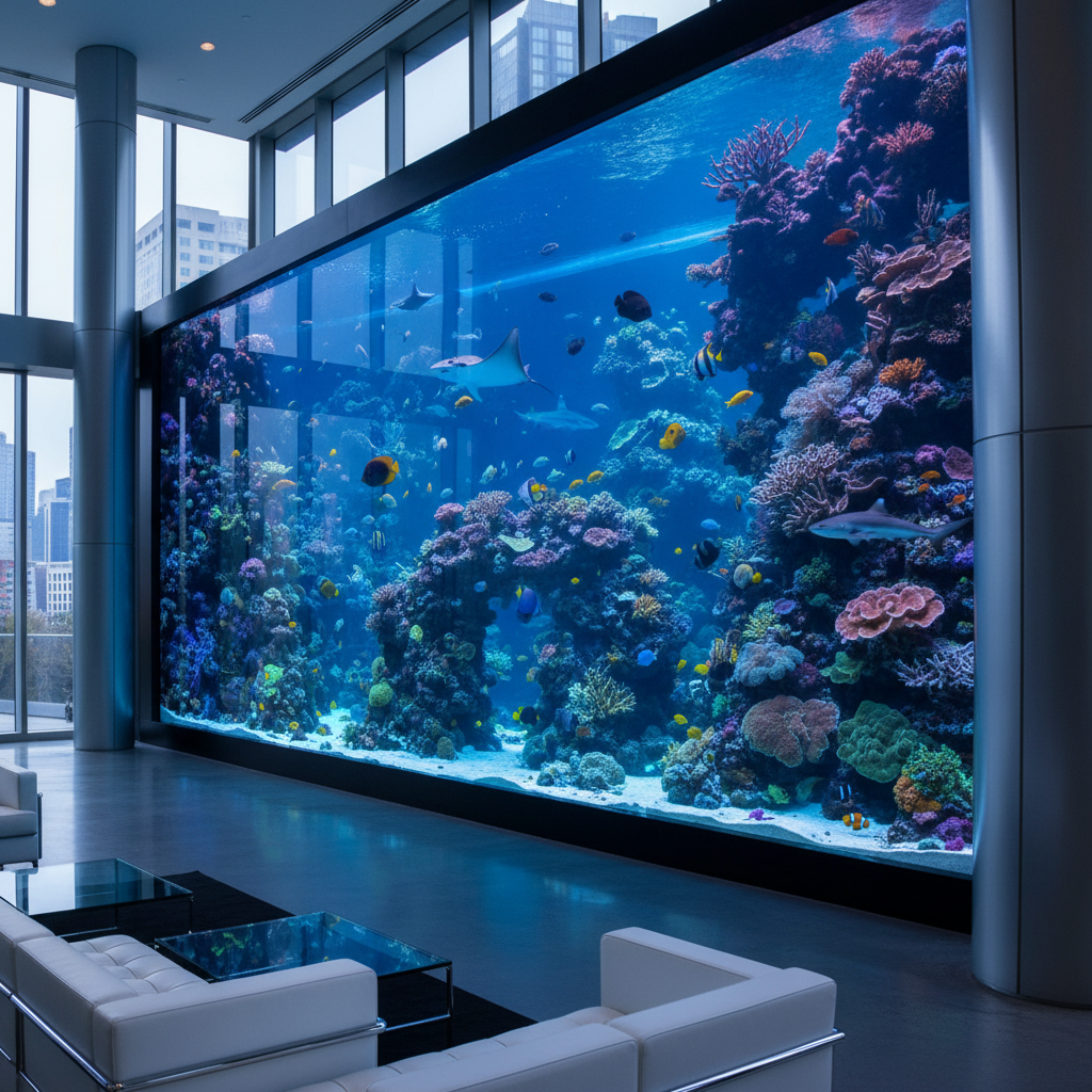 Large reef aquarium installation in a modern corporate office lobby with blue actinic lighting