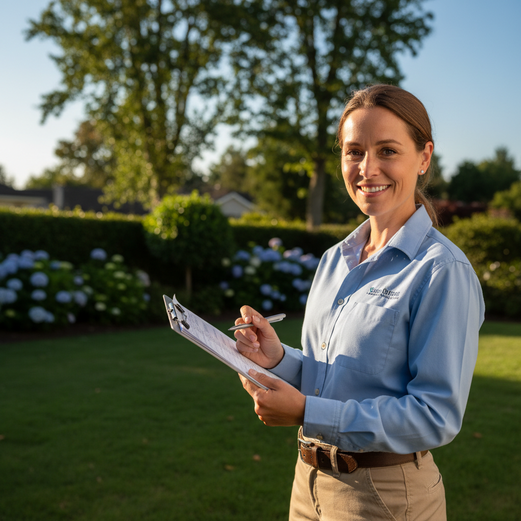 Female technician in professional uniform smiling while holding an inspection clipboard outdoors in a residential yard