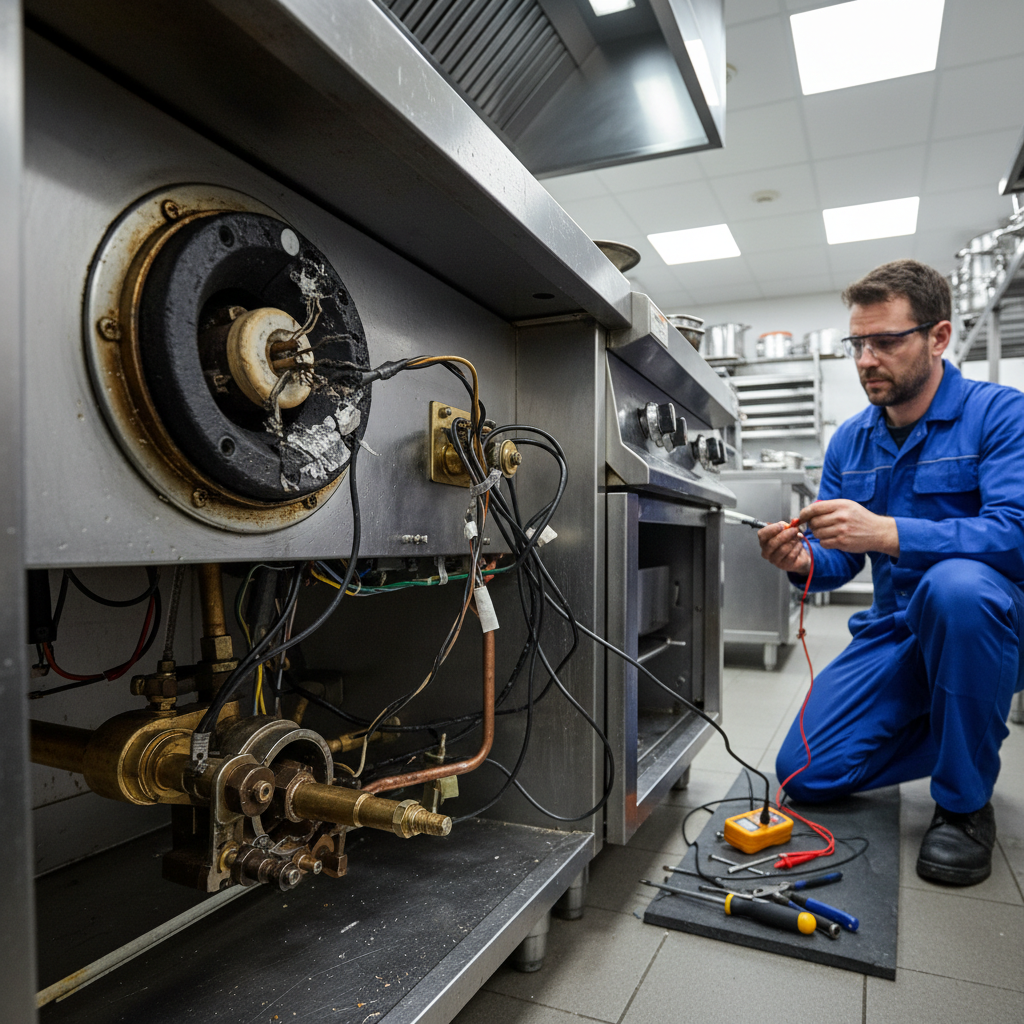 Commercial kitchen range with failed igniter and technician performing diagnostic repair