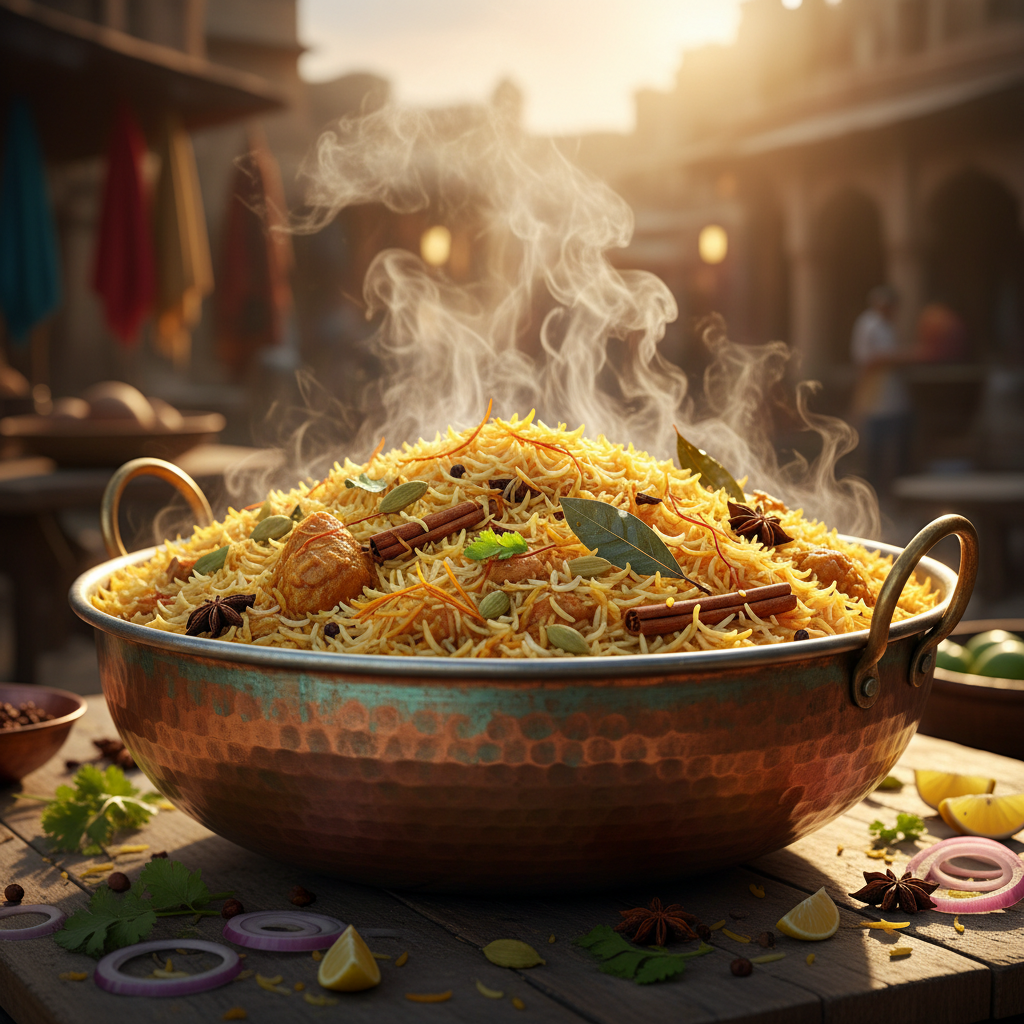 Hyderabadi biryani in copper pot with saffron strands, dark wood table, warm candlelight