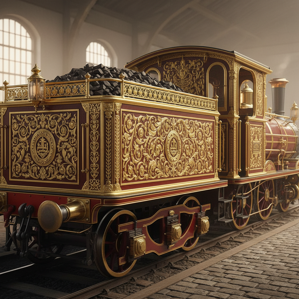Khedive's Royal Engine rear quarter view, tender and coal compartment, intricate decorative panels