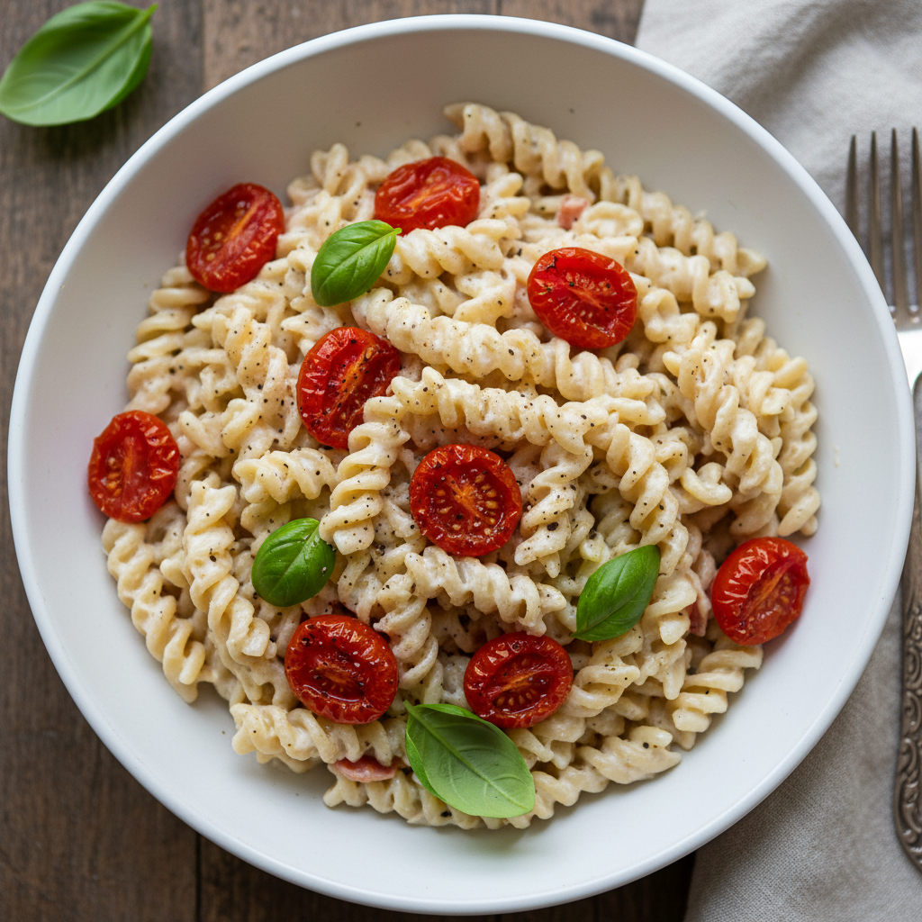 Cashew cream pasta with roasted cherry tomatoes and fresh basil in overhead shot