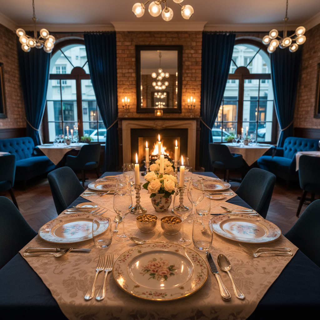 Artfully plated fine dining course on dark ceramic plate, warm candlelight, restaurant table setting