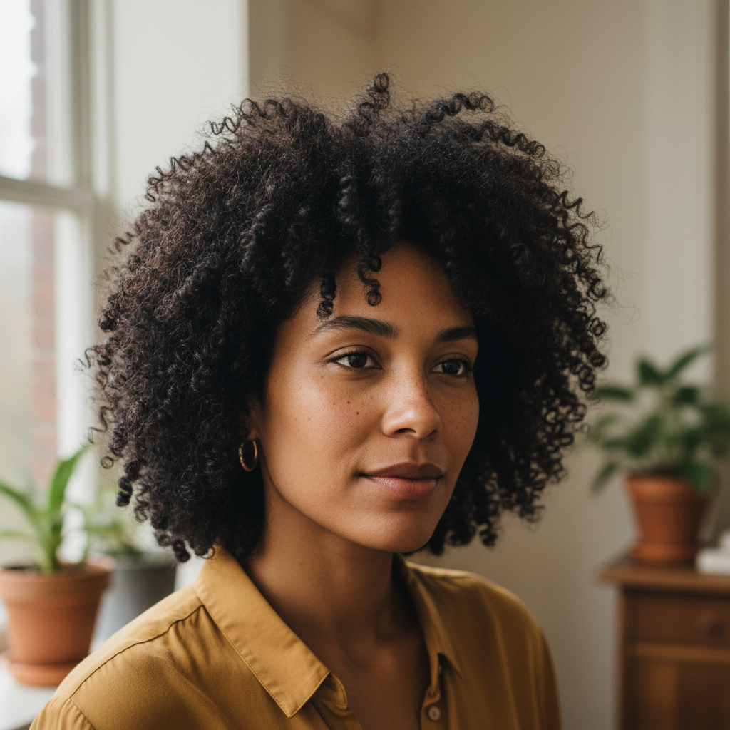 Woman with natural hair, composed expression, glance just off-lens