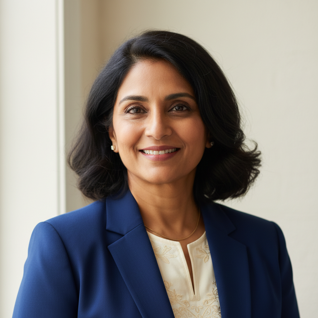 Middle-aged South Asian woman smiling warmly against a neutral background