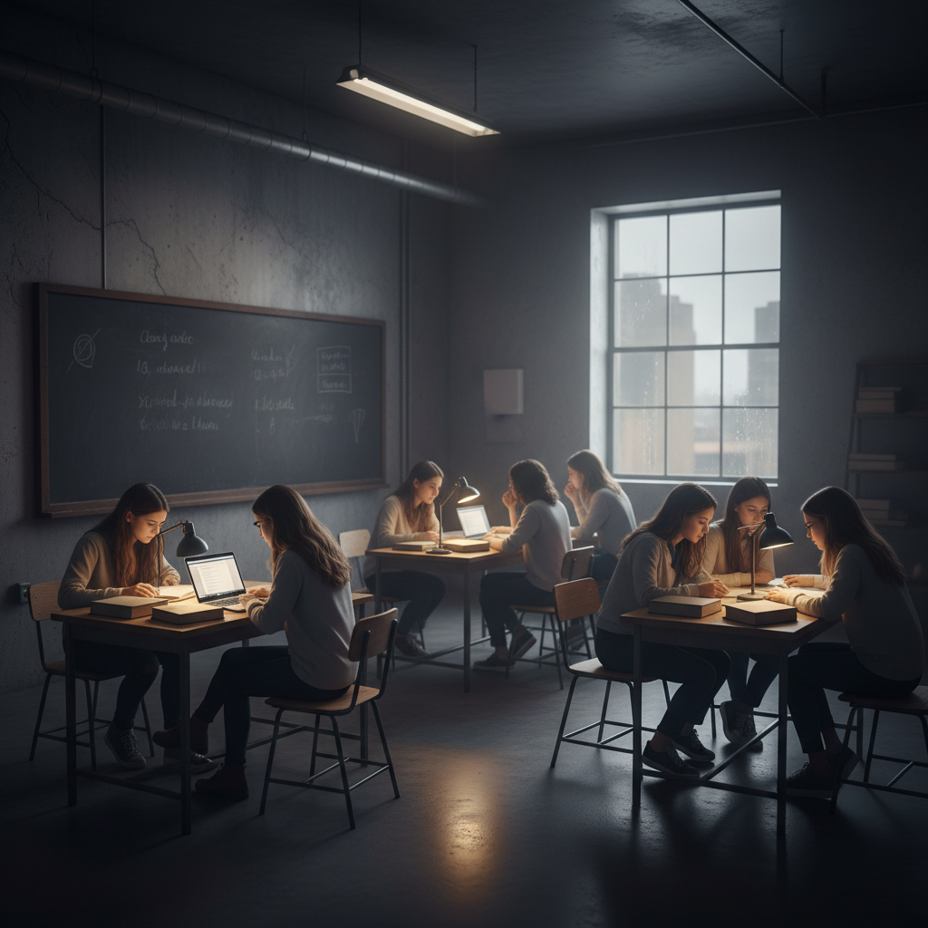 Girls in scholarship classroom, dim concrete walls, atmospheric low-light
