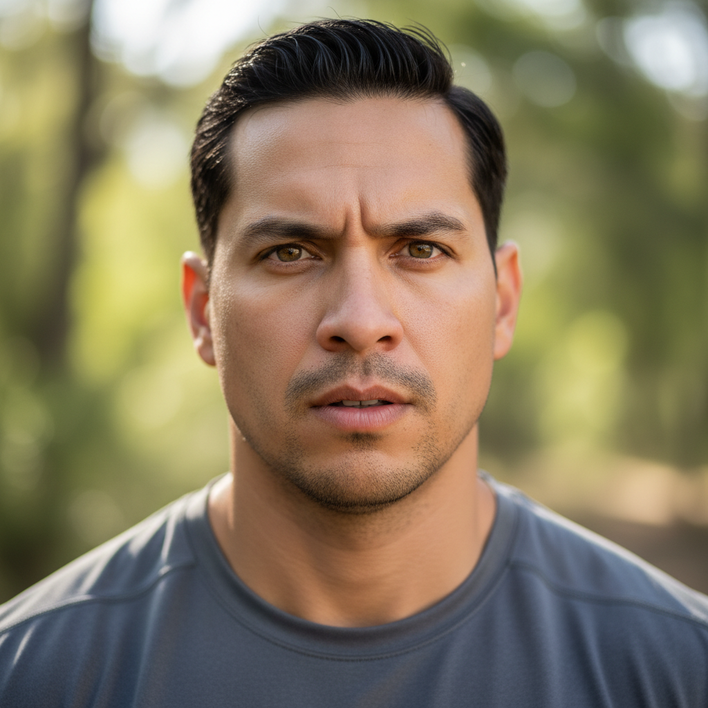 Latino man in his 30s with athletic build and focused expression