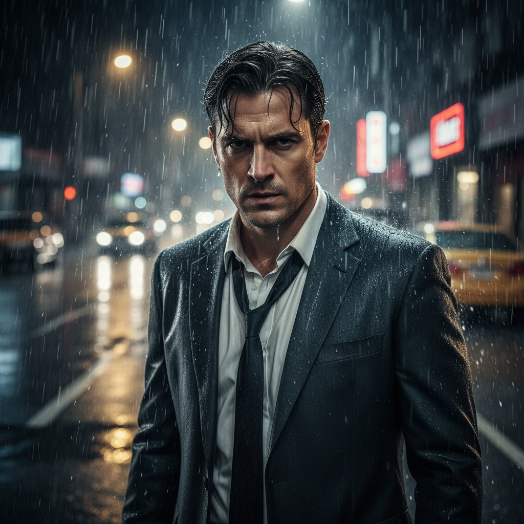 Actor as Detective Harlan Cross — dark suit, rain-soaked, intense gaze under harsh street lighting