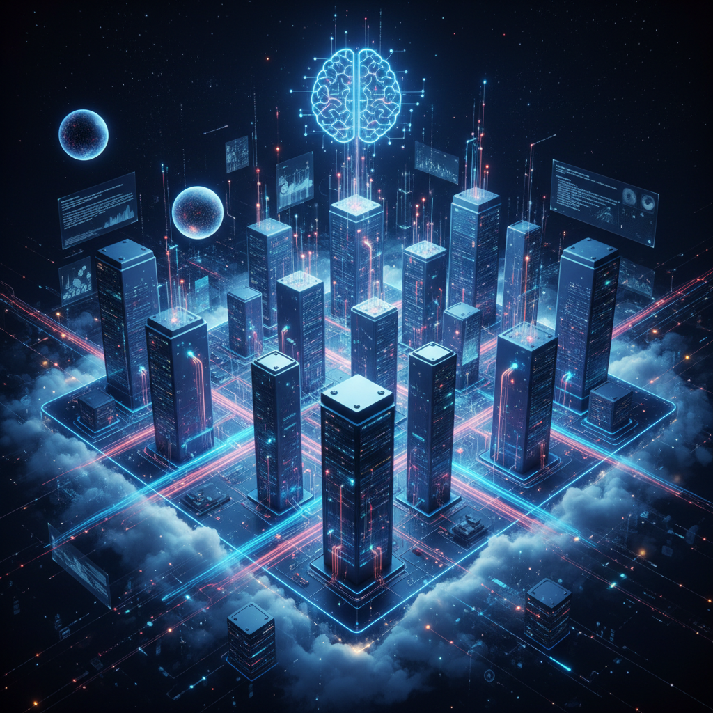 Cloud computing concept with glowing network connections and server infrastructure, dark blue tech background