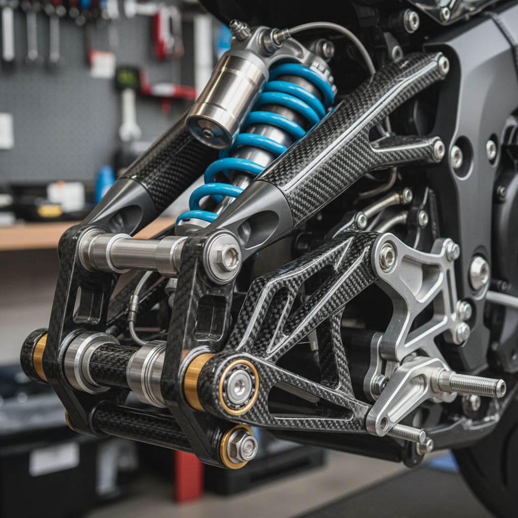 Close-up of motorcycle swingarm and rear suspension linkage, carbon fiber and billet aluminium construction