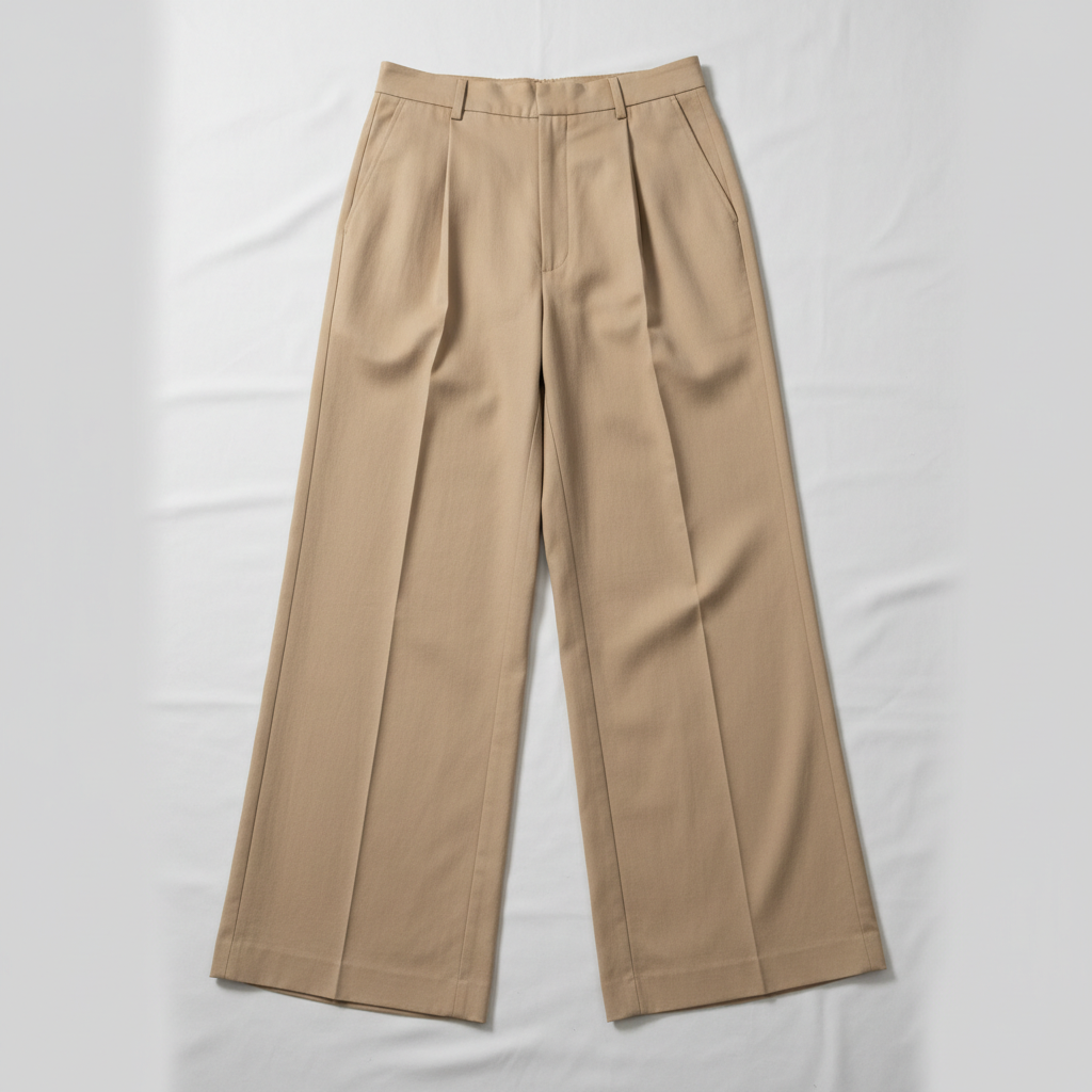Close-up of relaxed silk trouser fabric texture in neutral light