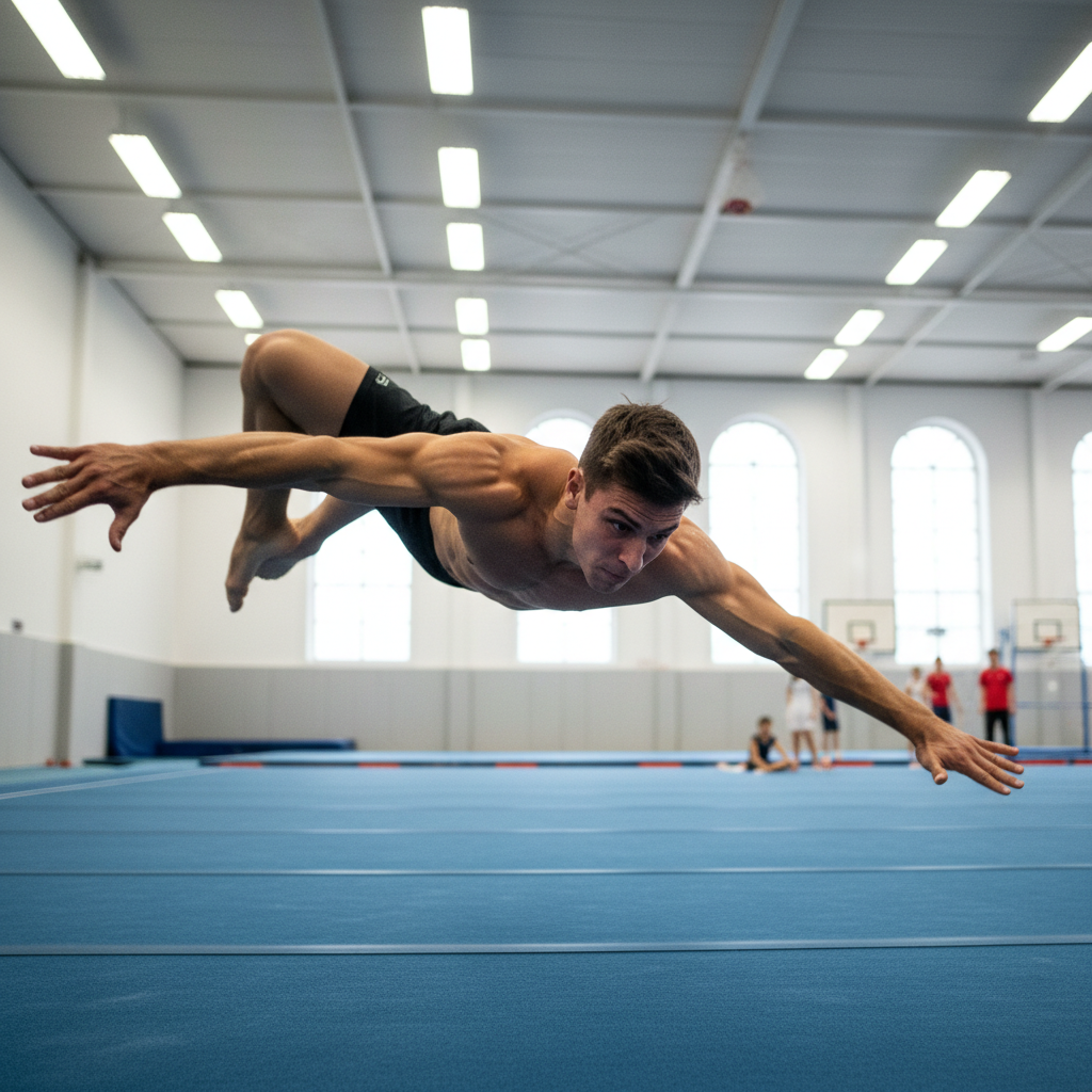 Athlete performing a controlled stunt fall onto a crash mat in a dim training studio