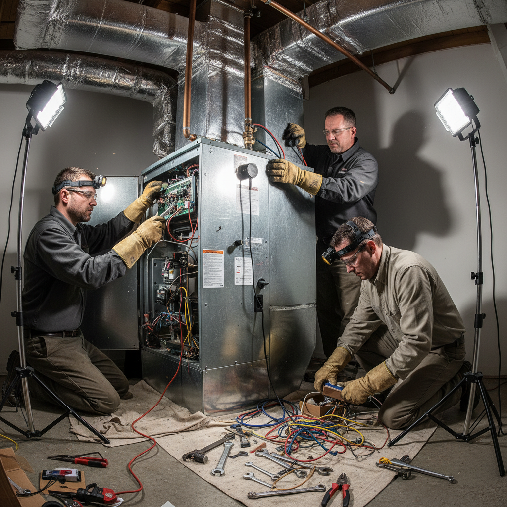 HVAC technicians installing new furnace components in residential unit during emergency repair