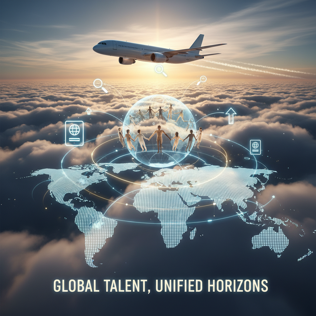 Airplane flying over clouds representing international recruitment