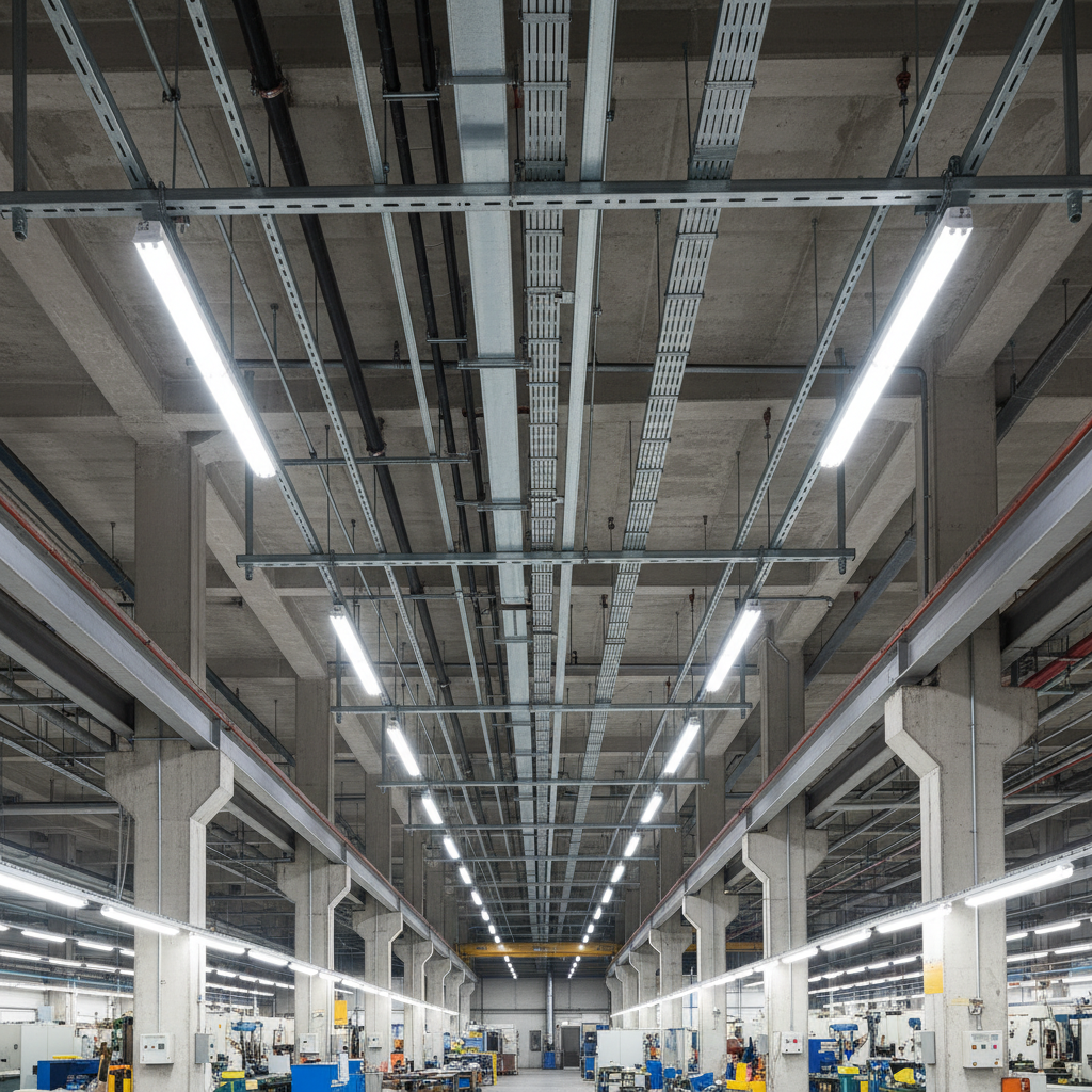 Large industrial warehouse with overhead electrical conduit and lighting, wide angle, bright facility