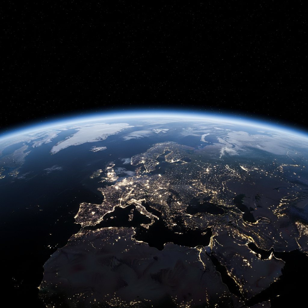 World map satellite view with dark background and city lights, atmospheric dim lighting