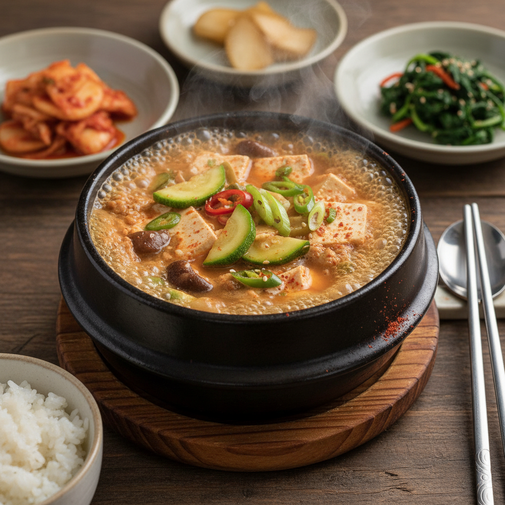 Steaming Korean soft tofu stew sundubu jjigae in stone pot with egg on top