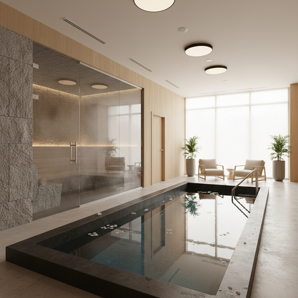 Wellness center with steam room and cold plunge pool for contrast therapy protocol