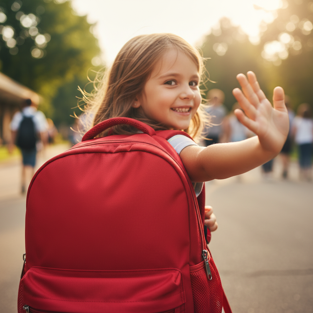 Child with bright red backpack on first day of school waving goodbye
