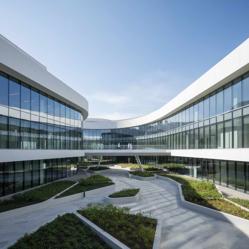Modern healthcare research building with clean white facade and large windows