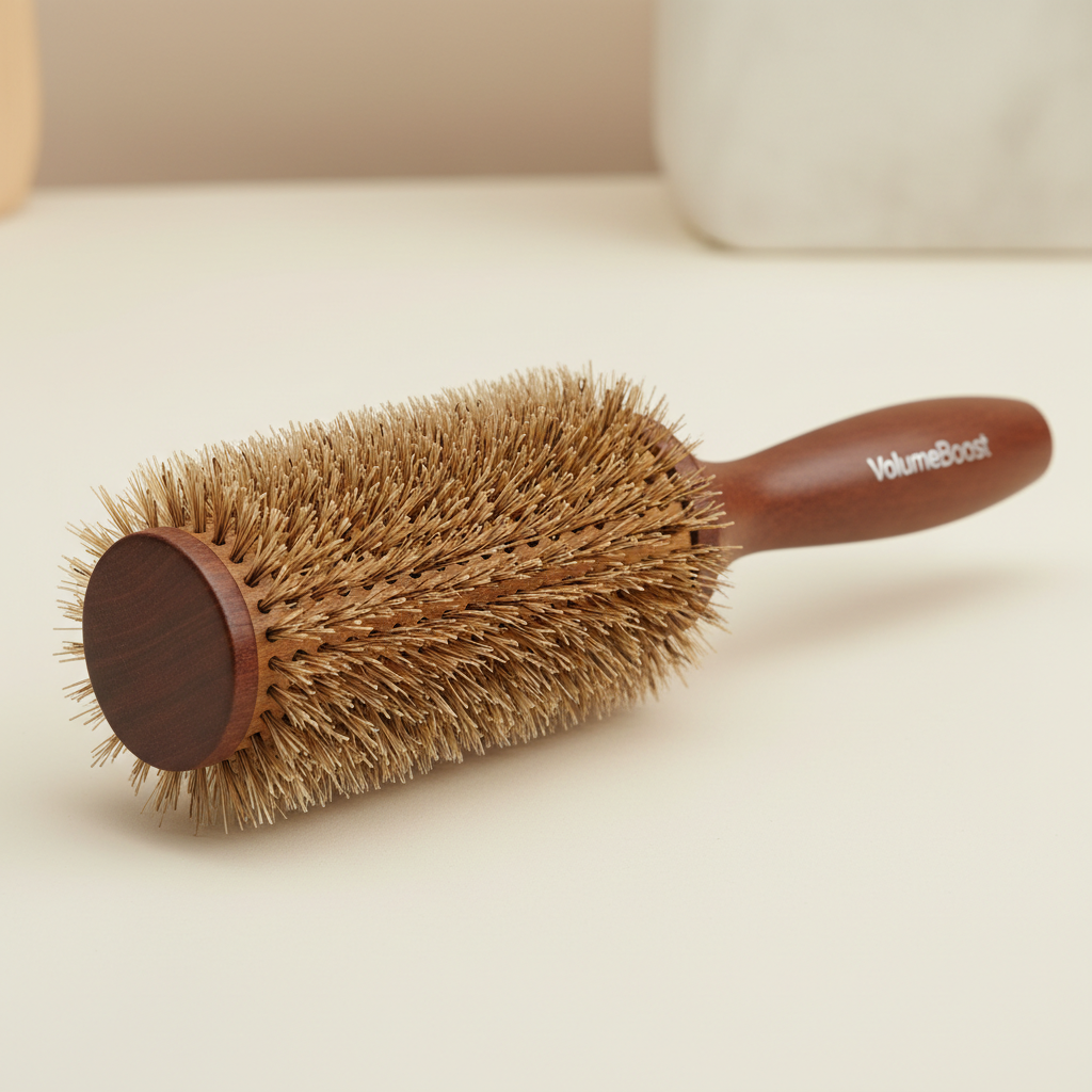 Blowout hair styling with round brush creating smooth voluminous waves in salon