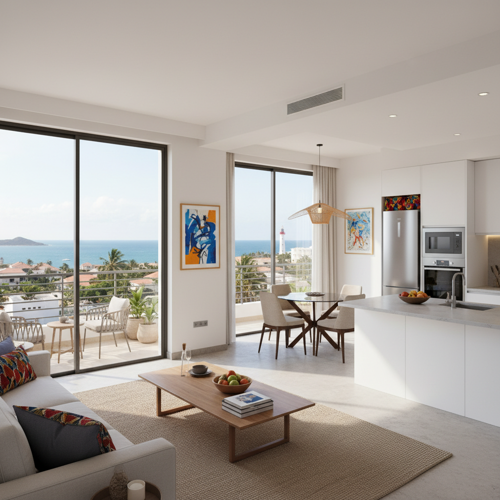 Contemporary new-build apartment with floor-to-ceiling windows and sea view terrace, bright interior