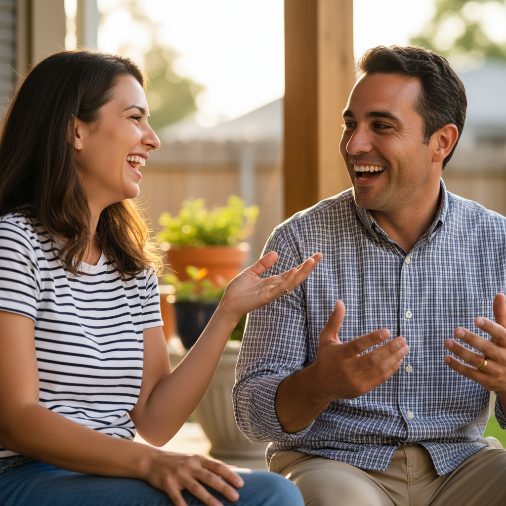 Two people laughing joyfully in a bright outdoor setting, candid moment, genuine happiness, bright natural light