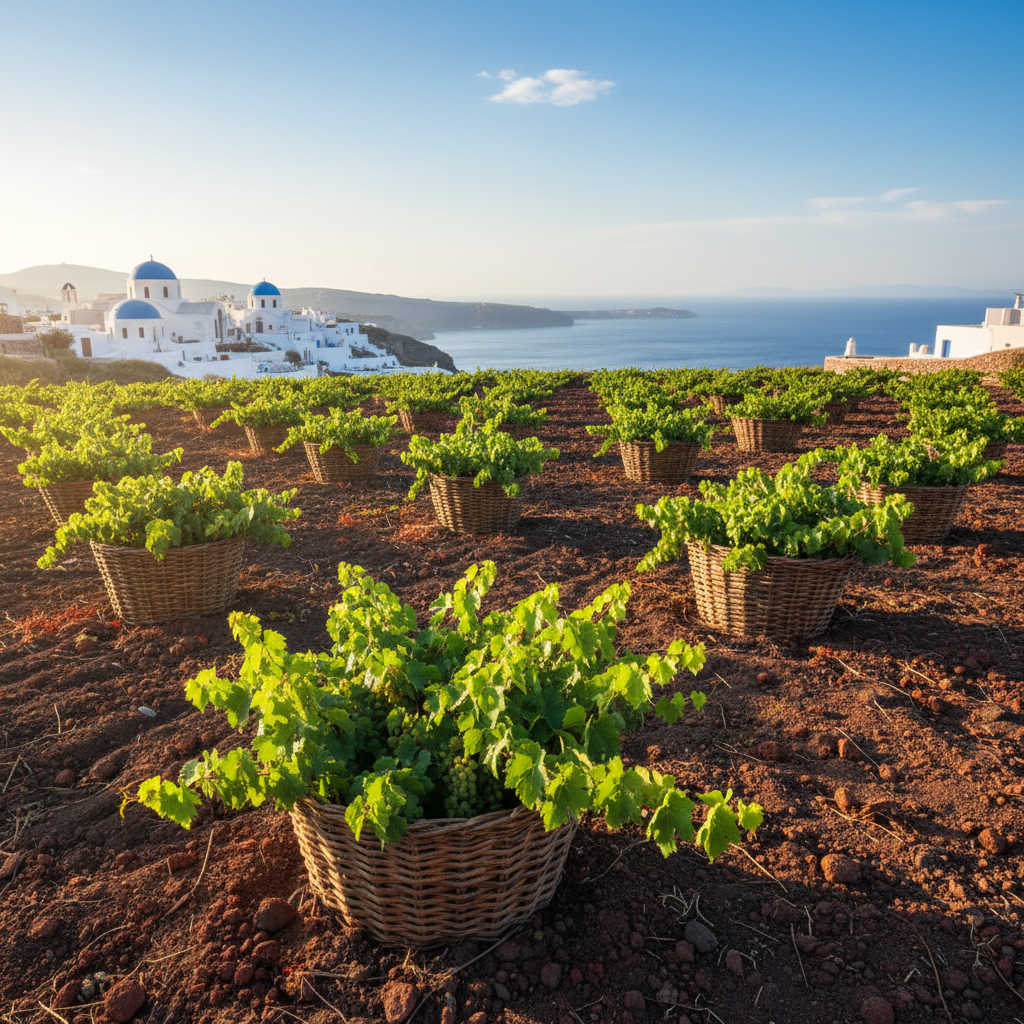 Santorini winery with volcanic vineyards and caldera views, traditional basket-trained vines