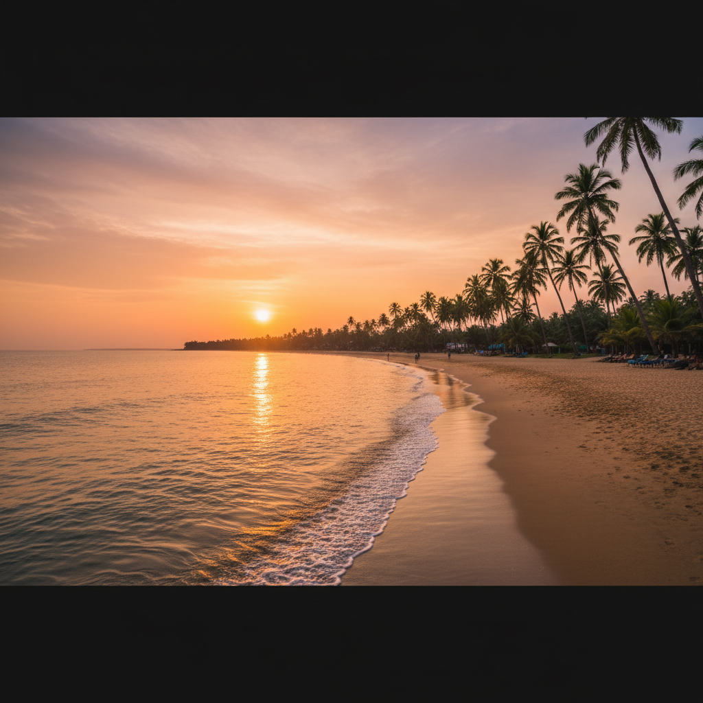 Kudle Beach Gokarna with calm waves, palm trees, and peaceful sunset atmosphere