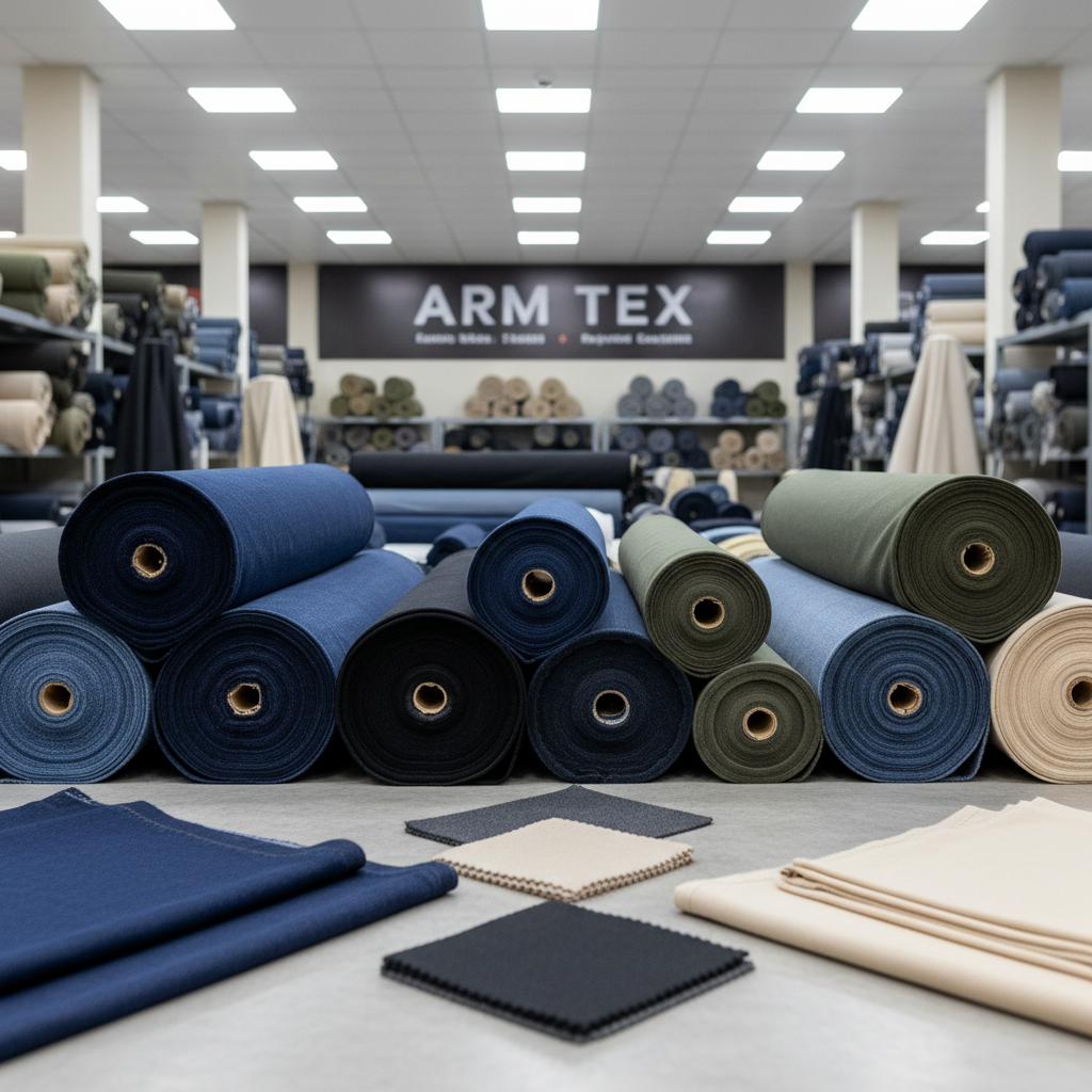 Rows of fabric rolls stacked in textile warehouse, organized industrial storage, warm factory lighting