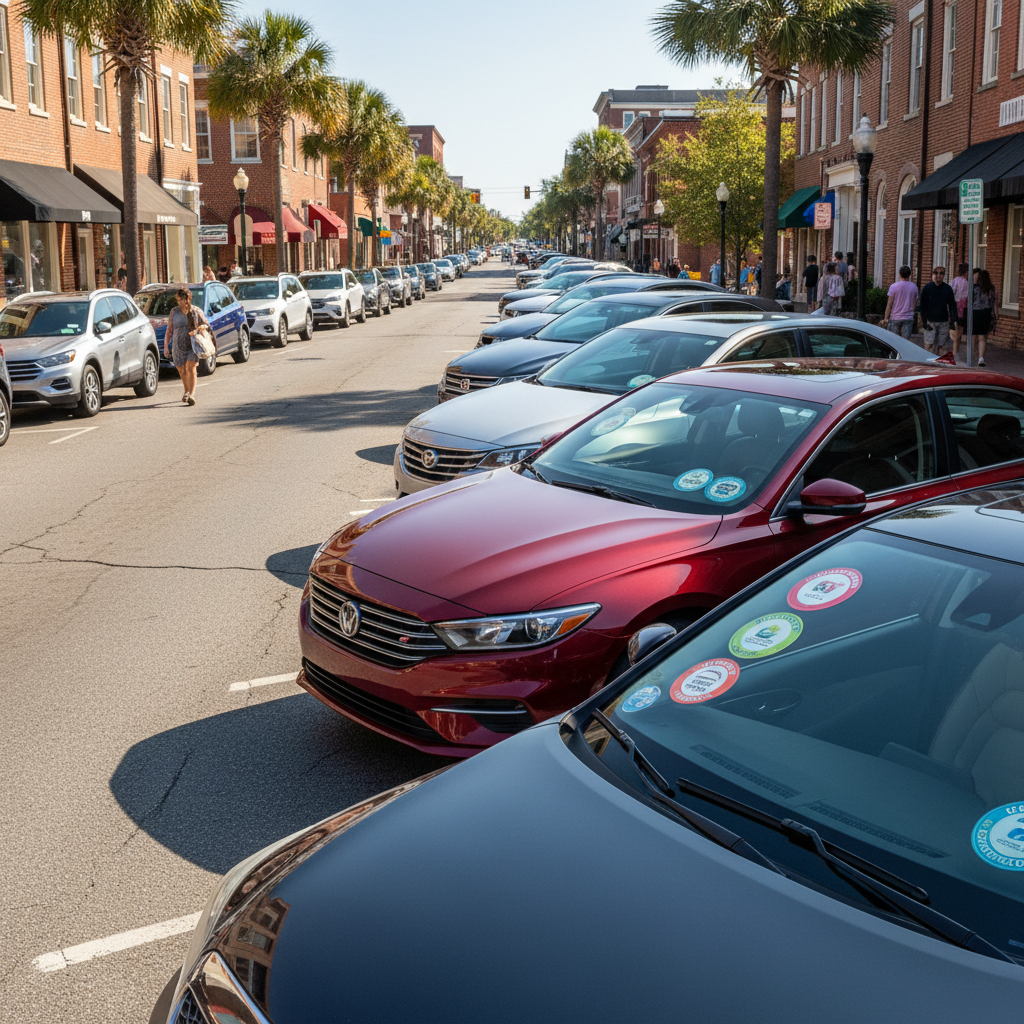 Modern cars parked on sunny street in Wilmington NC showing auto insurance coverage