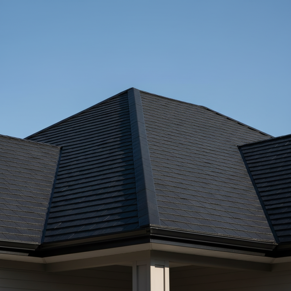 Bright craftsman home with premium architectural shingle roof, clean lines, and blue sky background in natural daylight