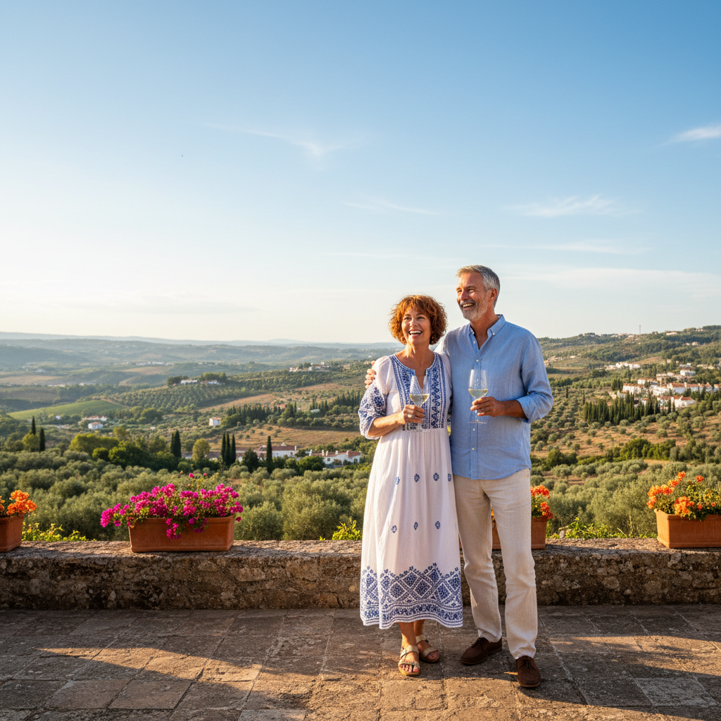 Smiling British couple in their 50s standing on a sunny terrace overlooking Portuguese countryside