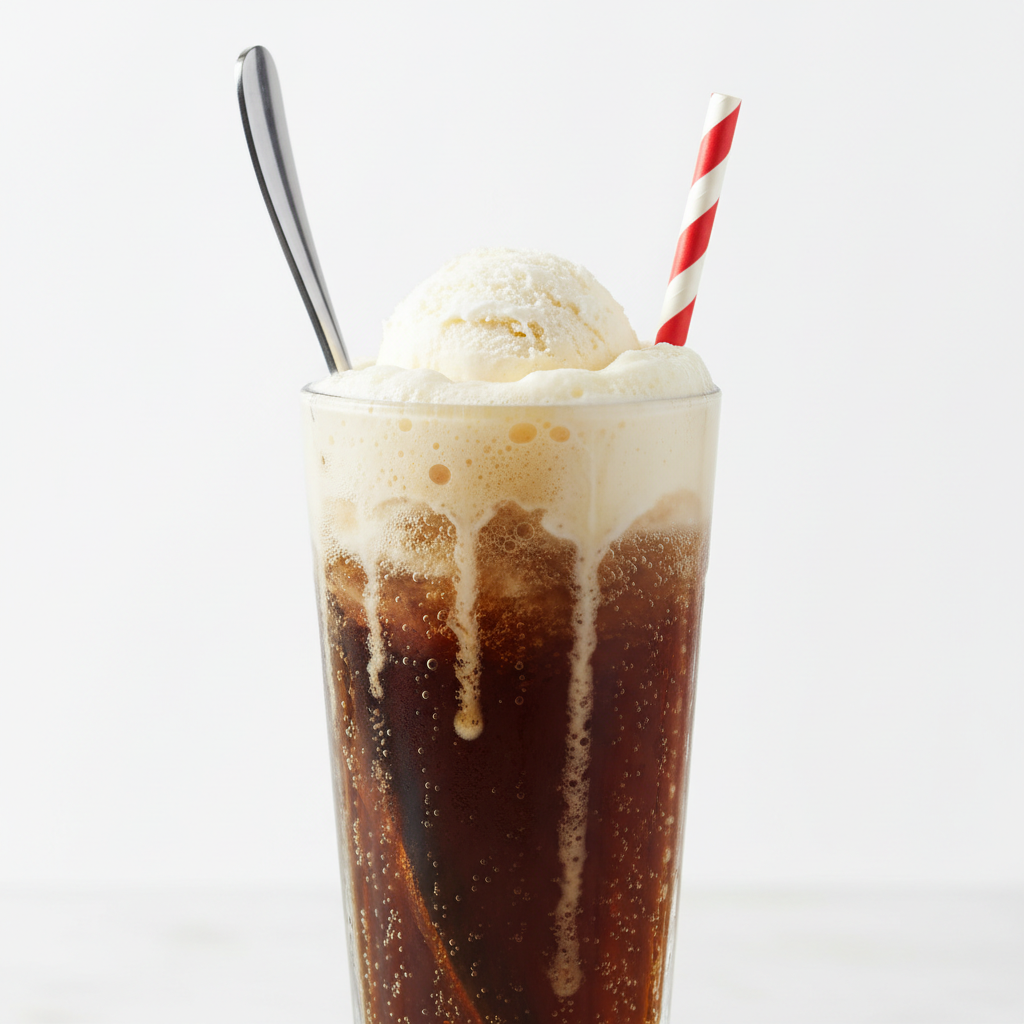 Frothy root beer float with vanilla ice cream in tall glass, bright studio lighting