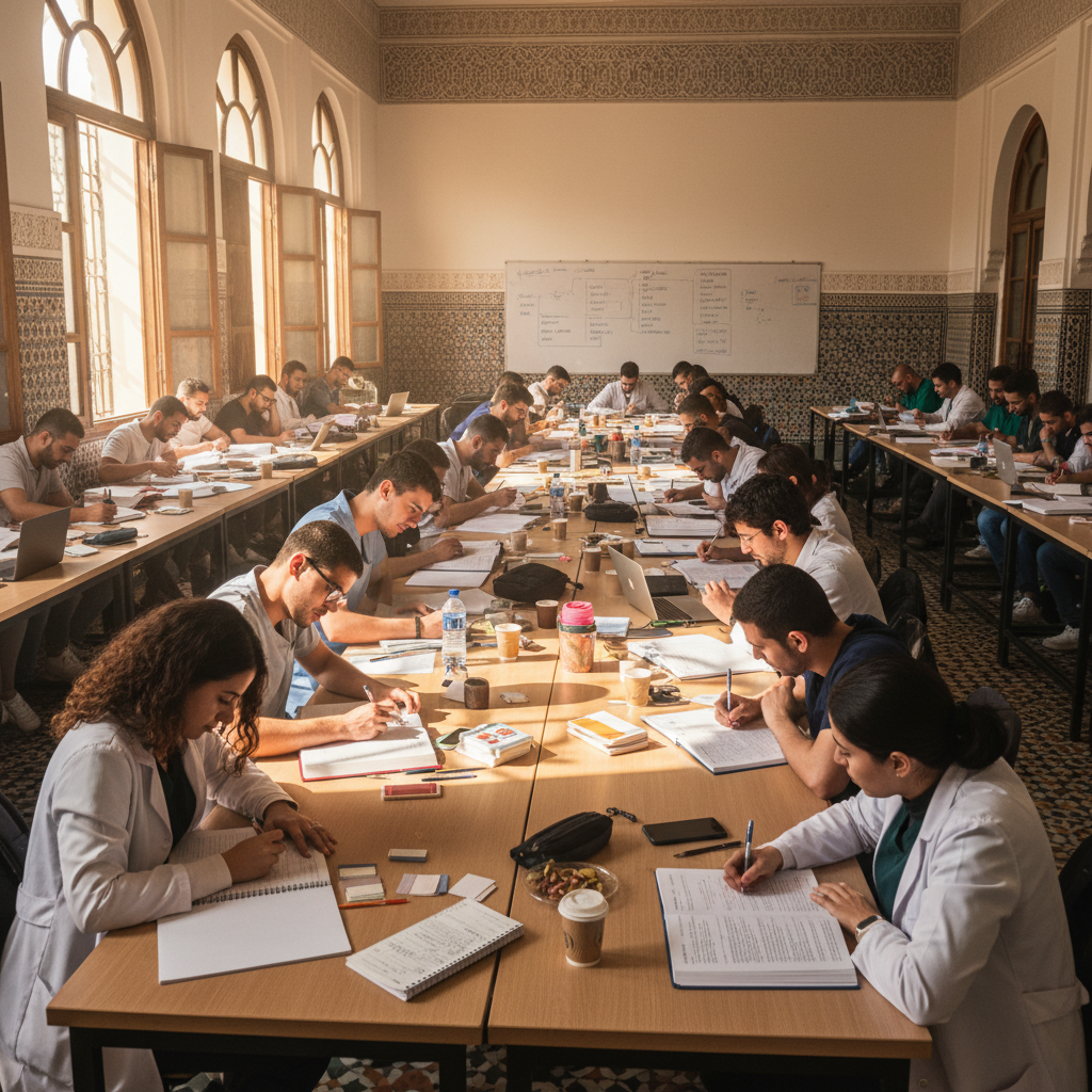 Étudiants marocains en première année de médecine lors d'un cours pratique d'anatomie dans un laboratoire universitaire