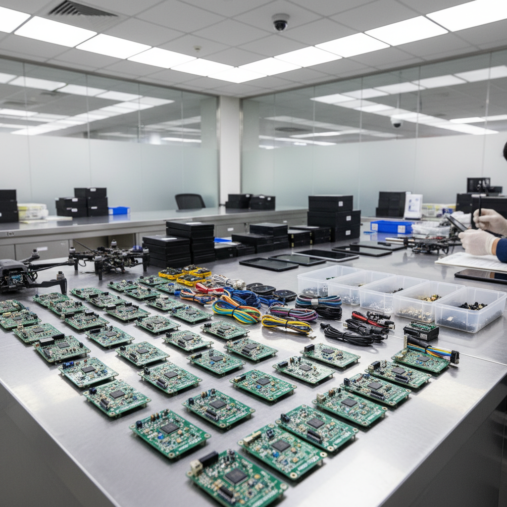 Electronics workshop with circuit boards and computer components on a workbench, bright technical lighting