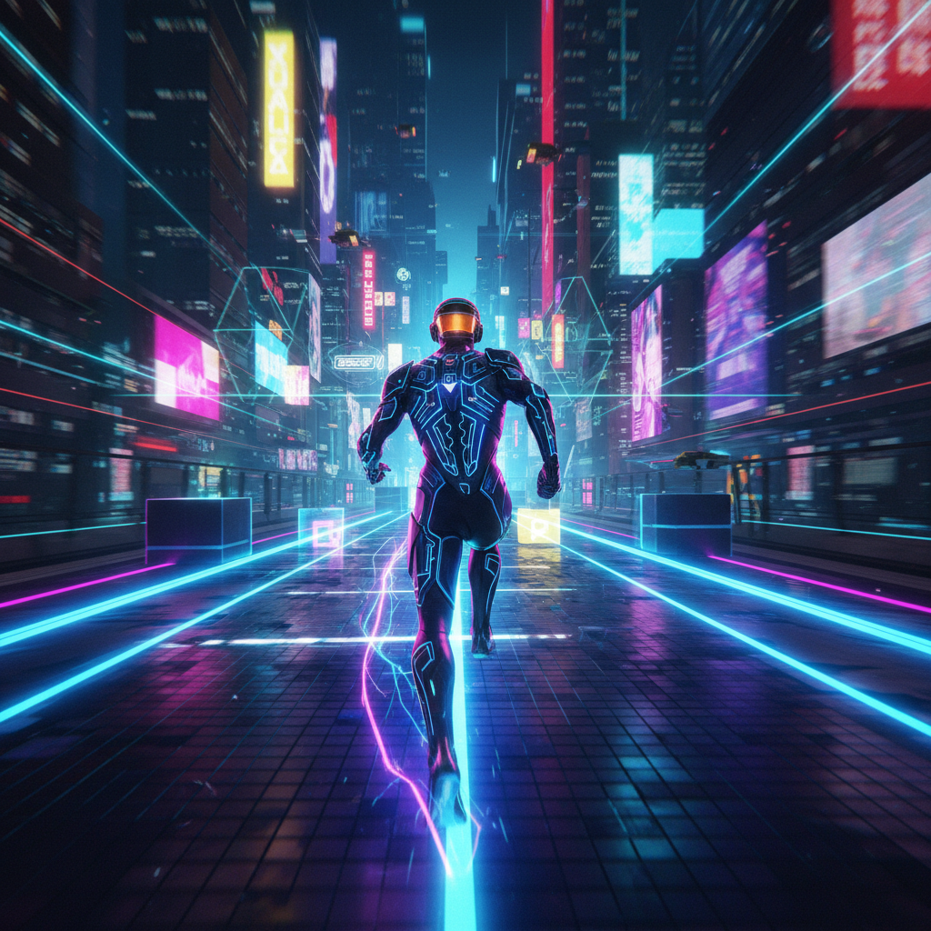Cyberpunk ninja character running through neon-lit futuristic city at night
