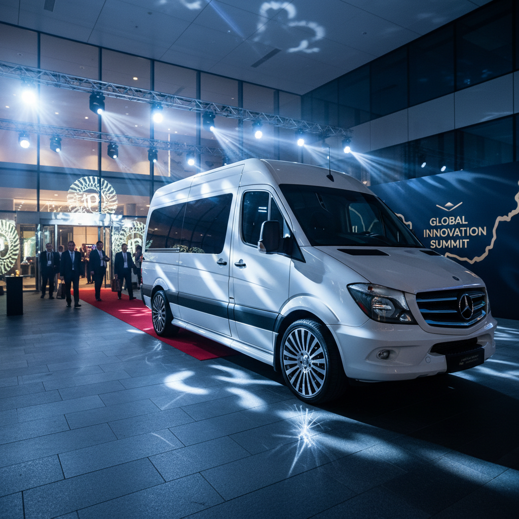 Large black party bus with ambient LED lighting visible through panoramic windows, parked at a night event venue entrance