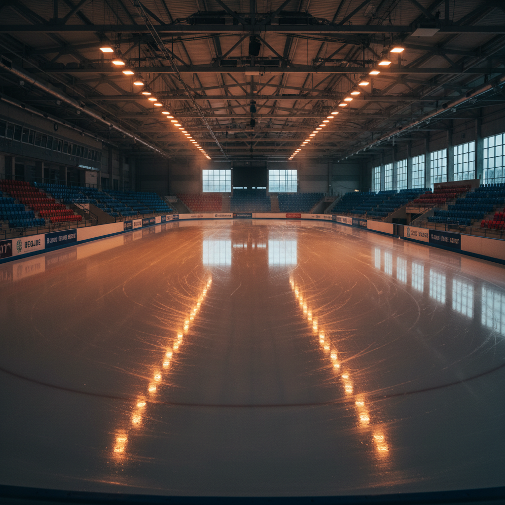 Speed skating arena interior showing ice oval with overhead tungsten lighting and empty stands in the early morning