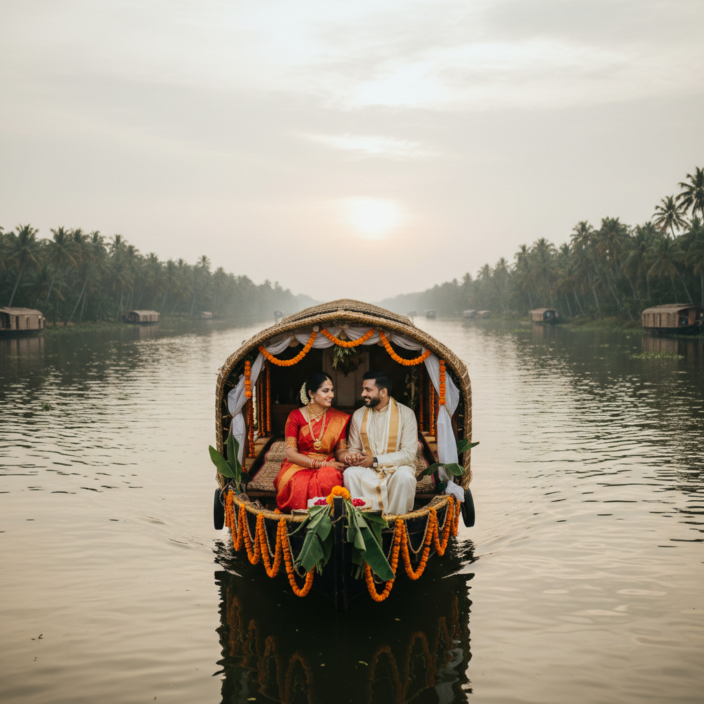 Couple sitting together on a wooden boat at sunset over calm Kerala backwaters, romantic golden light
