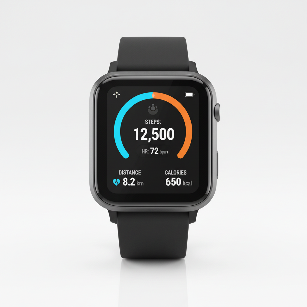 Modern smart fitness watch with health tracking features displayed on a clean white surface