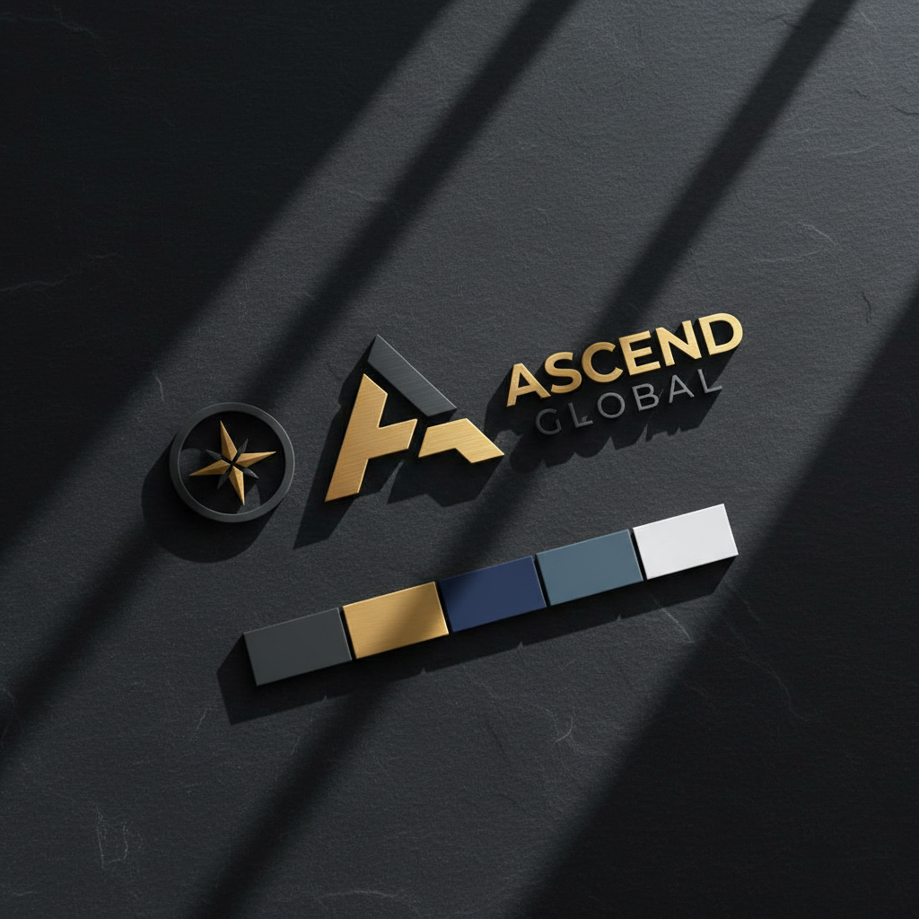 Modern brand design materials on dark surface, logo mockup, professional branding collateral