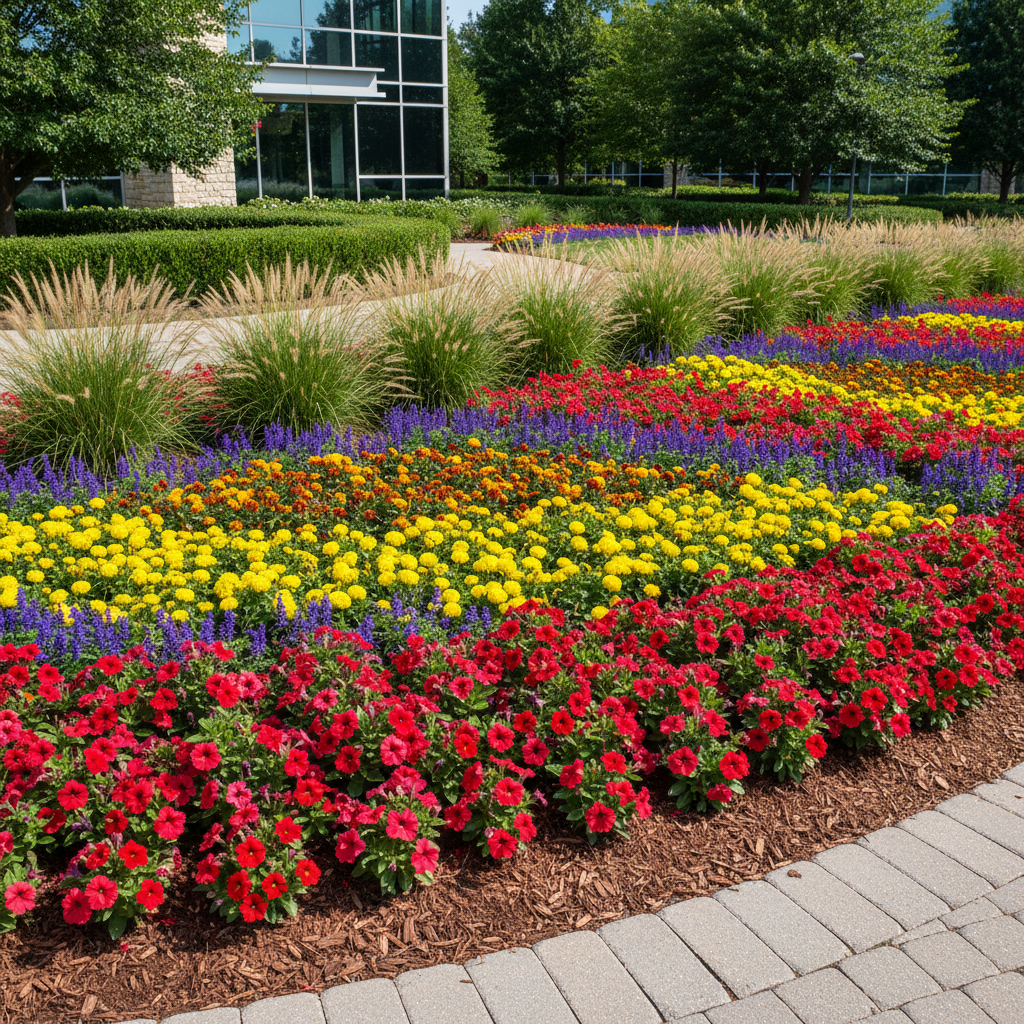 Professionally designed landscape bed with evergreen shrubs, ornamental grasses, and native Colorado plants