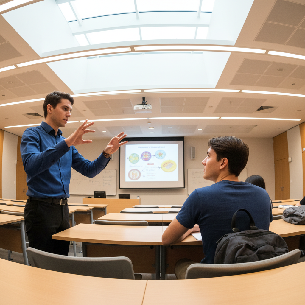Profesor experto impartiendo clase magistral a estudiantes en auditorio moderno