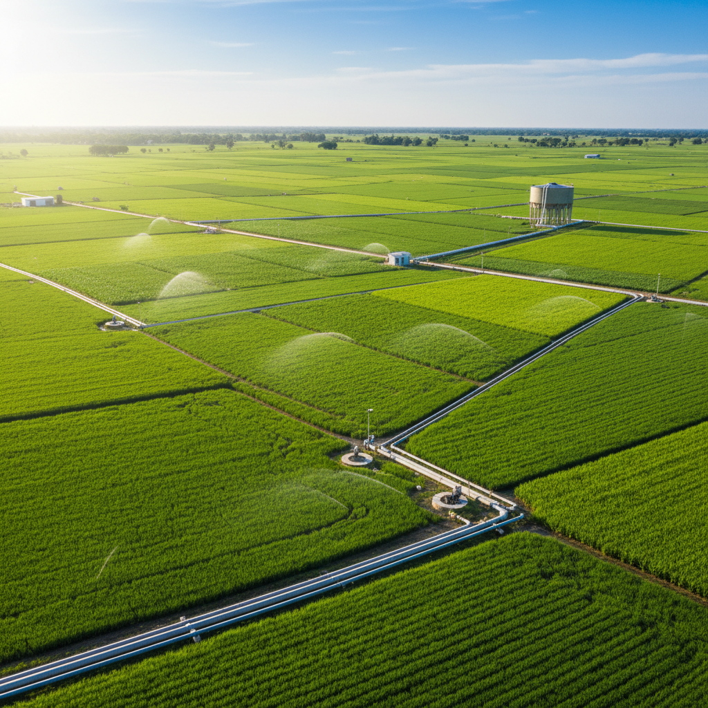 Agricultural fields in Zambia with irrigation systems and farming equipment visible from above