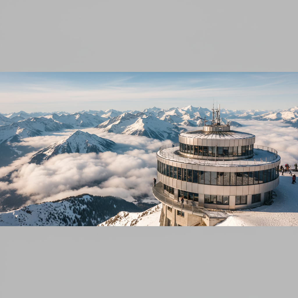 Rotating panoramic restaurant Piz Gloria on Schilthorn summit above clouds with alpine panorama