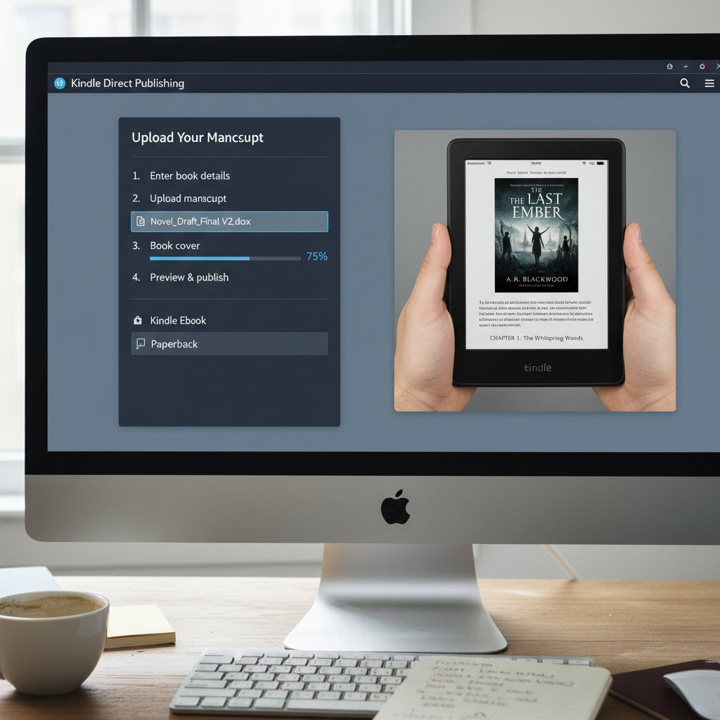 Kindle Direct Publishing dashboard interface showing manuscript upload workflow and book preview on e-reader device