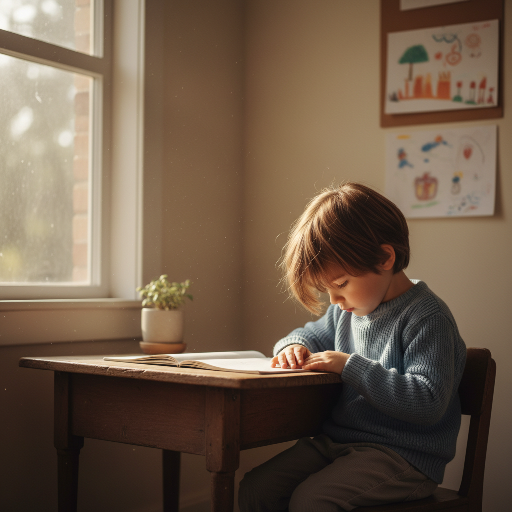 Shy child sitting quietly at a desk looking down, avoiding eye contact
