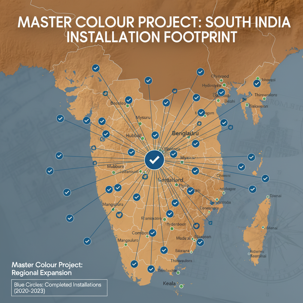 Regional expansion map showing Master Colour project locations across Karnataka and South India with completed installations